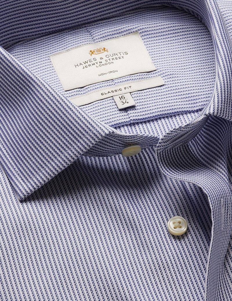 Classic Fit Navy & White Textured Stripe Non-Iron Shirt