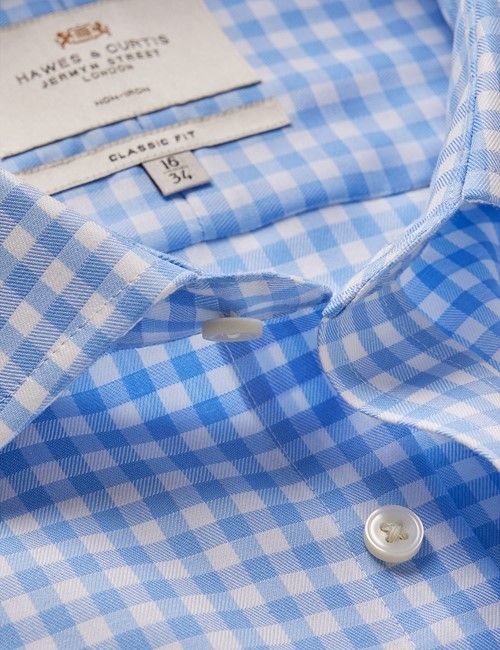 Non-Iron Blue & White Large Plaid Classic Shirt - Double Cuff