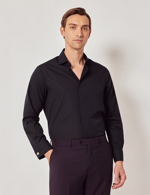 Black Poplin Classic Fit Shirt - French Cuff - Concealed Placket
