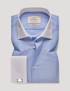 Blue End On End Plain Classic Fit Shirt With White Collar & Cuffs-preview1