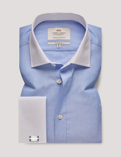 Blue End On End Plain Classic Fit Shirt With White Collar & Cuffs-preview