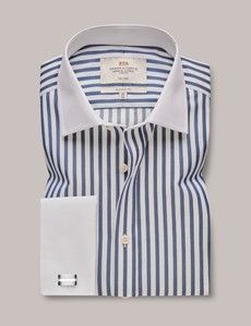 Non-Iron Navy & White Bold Stripe Classic Shirt With White Collar & Cuffs-preview1