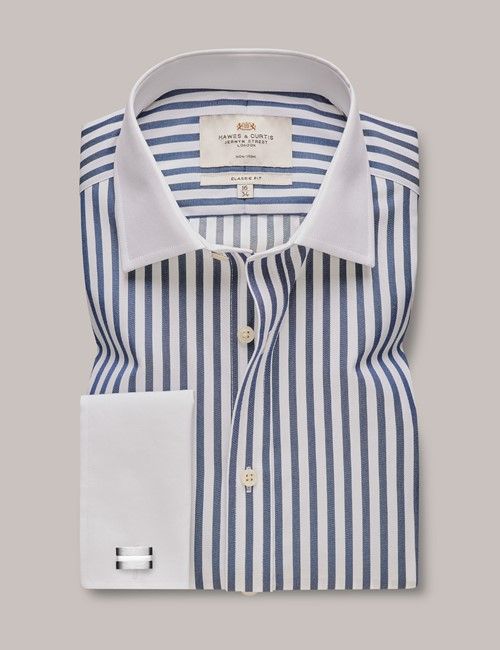 Non-Iron Navy & White Bold Stripe Classic Shirt With White Collar & Cuffs-preview