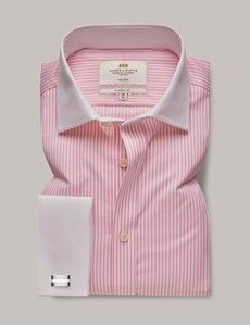 Classic Fit Pink & White Bengal Stripe Twill Non-Iron Shirt - Contrast Detail