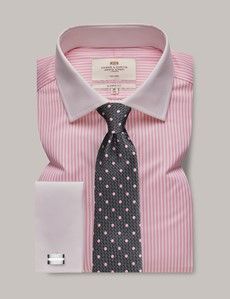 Classic Fit Pink & White Bengal Stripe Twill Non-Iron Shirt - Contrast Detail
