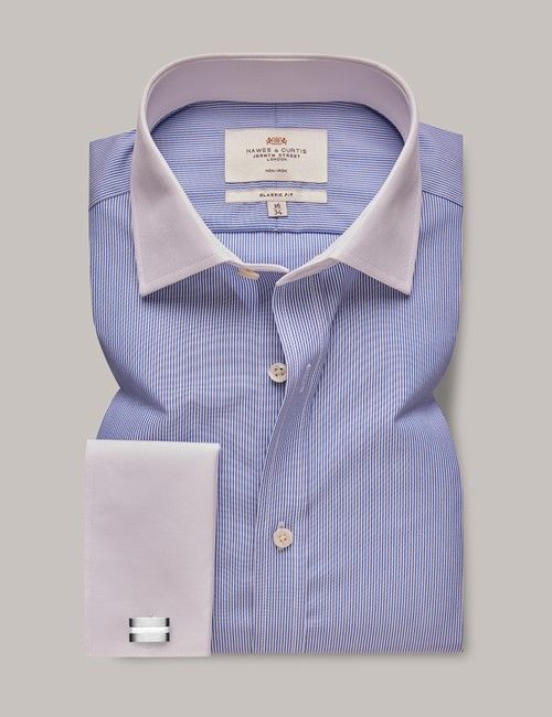 Non-Iron Blue & White Stripe Classic Shirt With White Collar & Double Cuff