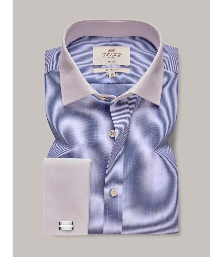 blue shirt with white collar and cuff dress shirts Men's Non-Iron Blue & White Stripe Classic Shirt With White Collar & Double  Cuff