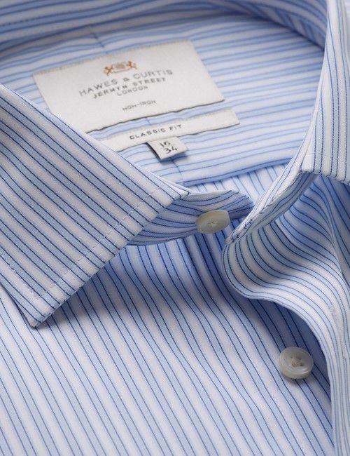 Non-Iron Blue & White Multi Stripe Classic Fit Shirt - French Cuff