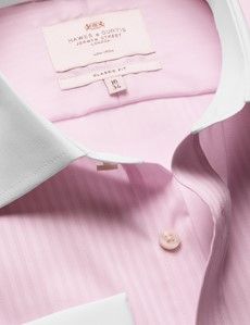 Classic Fit Pink Herringbone Stripe Non-Iron Shirt - Contrast Detail