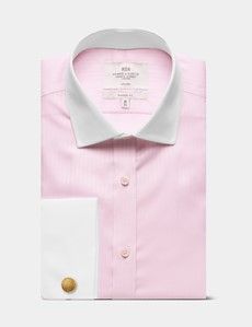 Classic Fit Pink Herringbone Stripe Non-Iron Shirt - Contrast Detail