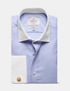 Classic Fit Blue Herringbone Stripe Non-Iron Shirt - Contrast Detail