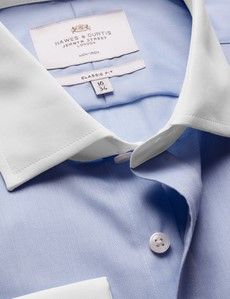 Classic Fit Blue Herringbone Stripe Non-Iron Shirt - Contrast Detail