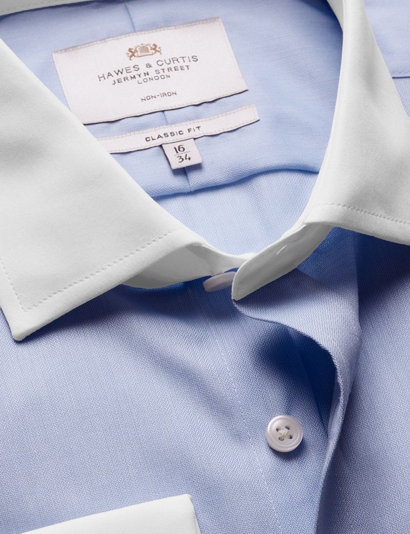 Classic Fit Blue Herringbone Stripe Non-Iron Shirt - Contrast Detail