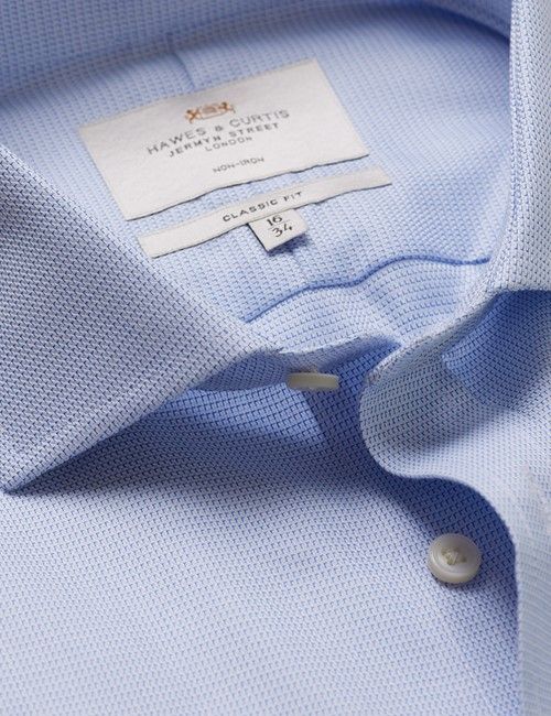Non-Iron Blue & White Textured Weave Classic Fit Shirt - Windsor Collar