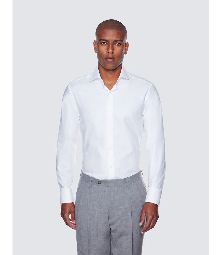 Men's White Twill Slim Shirt - High Collar - Double Cuff