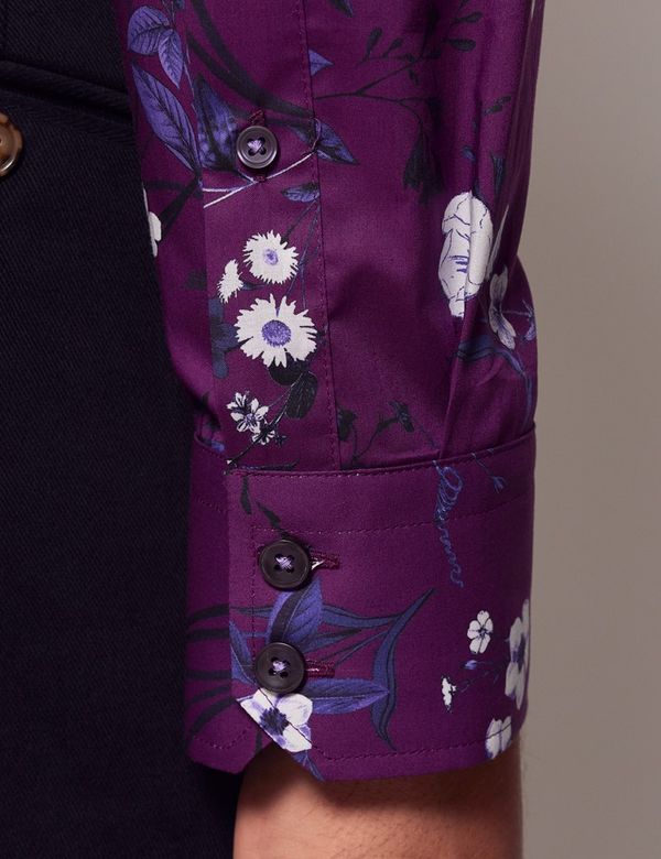 Men's Purple & White Betsy Floral Slim Shirt - Mid-Collar