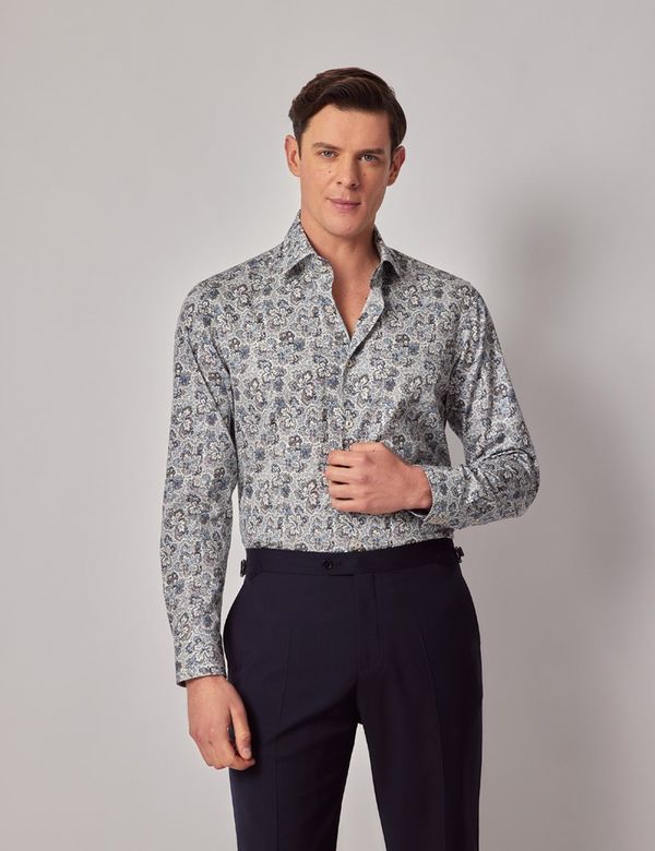【正規取扱店】 Men's Cream & Blue Floral Slim Diamond Weave Shirt - Mid トップス