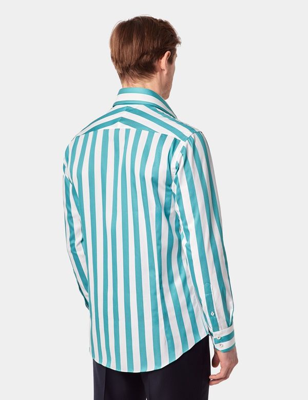Men's Teal & White Wide Stripe Slim Shirt - Mid-Collar | Hawes