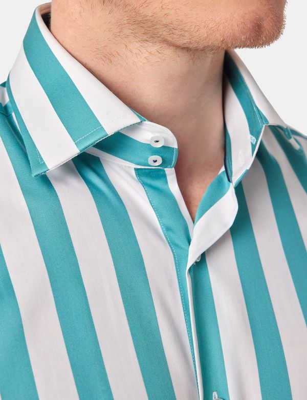 Men's Teal & White Wide Stripe Slim Shirt - Mid-Collar | Hawes