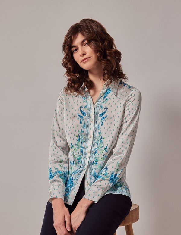 Women's White & Blue Paisley Boutique Satin Blouse | Hawes