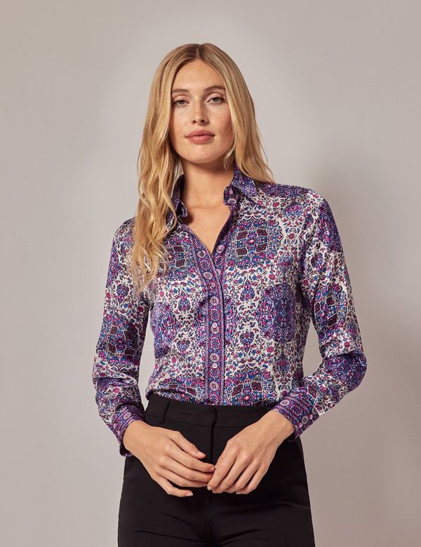 Women's Cream & Purple Ethnic Print Boutique Satin Blouse