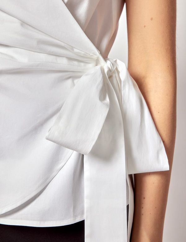 Women's White Cotton Stretch Wrap Sleeveless Boutique Shirt
