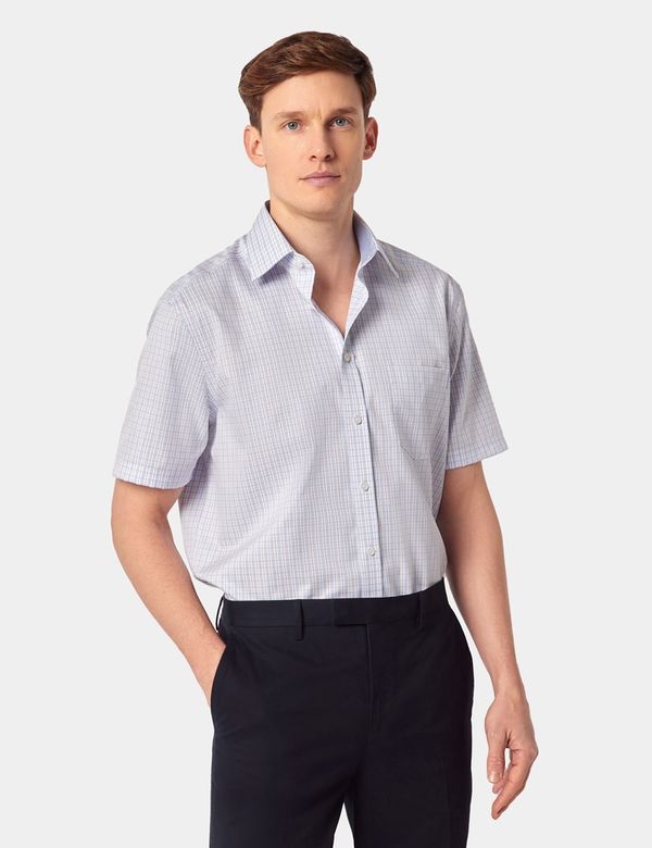 Tailored Fit Blue & Red Check Non-Iron Shirt - Short Sleeve - Chest Pocket