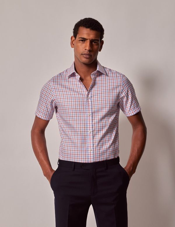 豪華で新しい Men's Non-Iron Shirt Sleeve Short Slim Check Blue & Red トップス