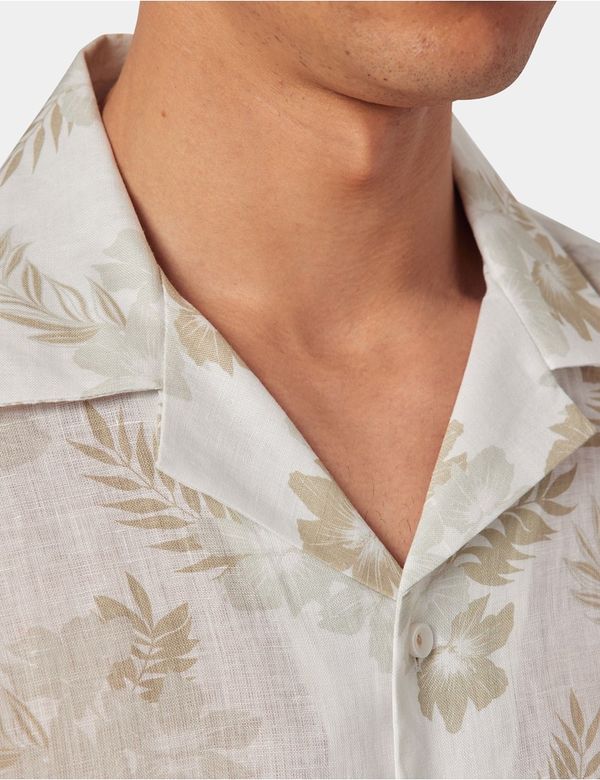 Men's Beige & White Floral Linen Slim Short Sleeve Shirt