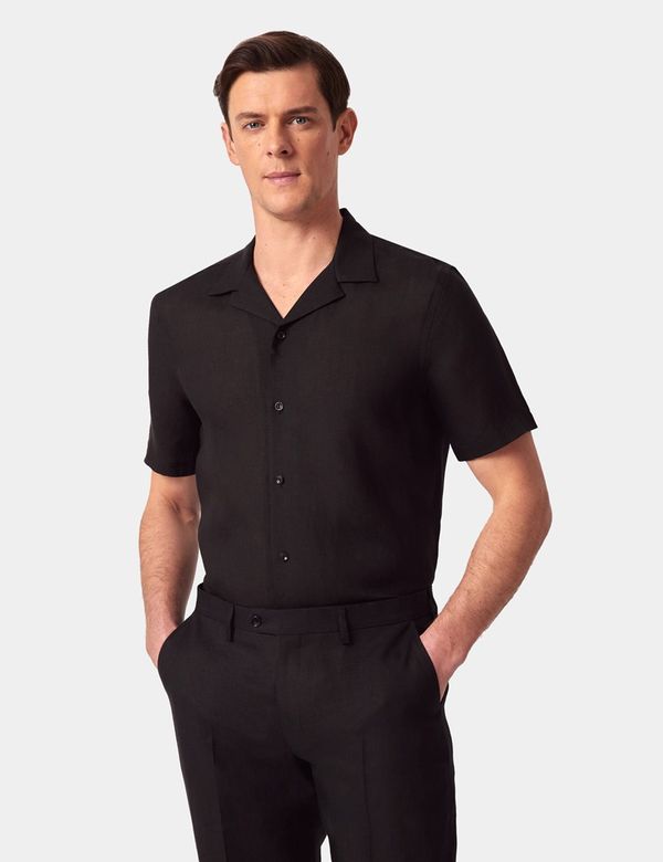 Men's Black Pure Linen Slim Shirt - Short Sleeve - Revere Collar| Hawes & Curtis Men's Black Pure Linen Slim Shirt - Short Sleeve - Revere Collar| Hawes & Curtis