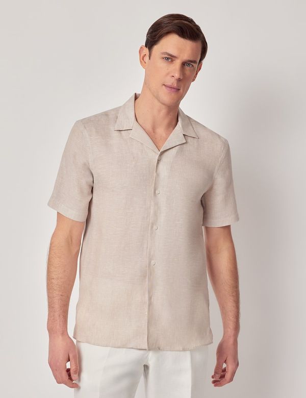Hawes & Curtis Slim Fit Natural Linen Shirt | Short Sleeve | Plain | Men's