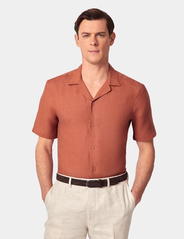 Slim Fit Rust Linen Shirt - Short Sleeve