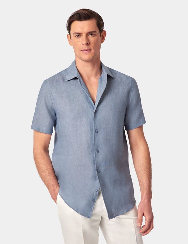 Slim Fit Shirt With A Short Collar Men's Sea Blue Pure Linen Slim Short Sleeve Shirt One Piece Slim Fit Shirt With A Short Collar Men's Sea Blue Pure Linen Slim Short Sleeve Shirt One Piece