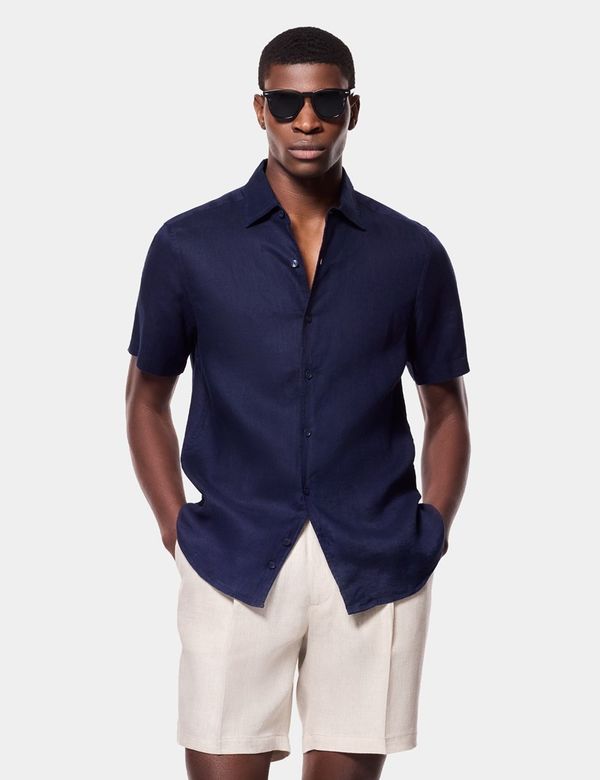 Men's Slim Fit Navy Linen Shirt - Short Sleeve | Hawes & Curtis