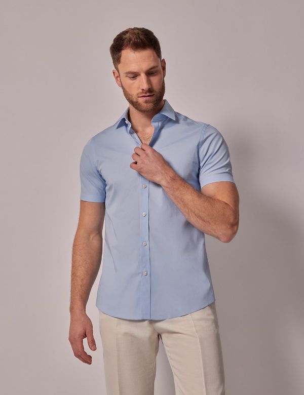 Men's Blue Fitted Slim Stretch Shirt Short Sleeve Hawes Curtis