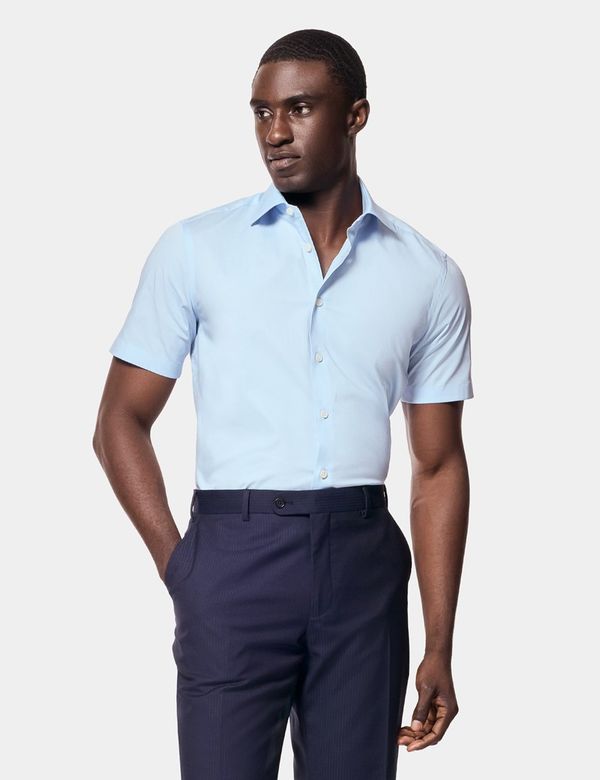 Men's Blue Fitted Slim Stretch Shirt - Short Sleeve | Hawes & Curtis