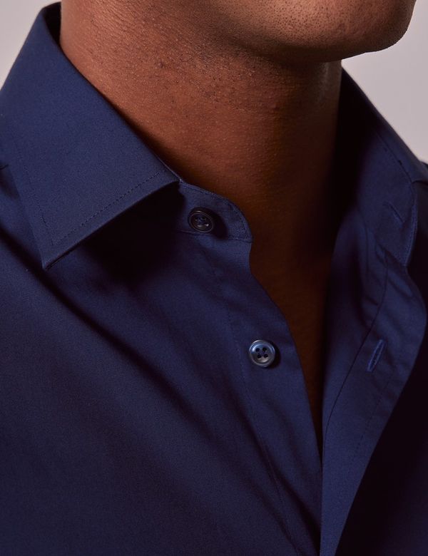 Hawes & Curtis Slim Fit Navy Shirt | Short Sleeve | Cotton Stretch | Plain | Men's