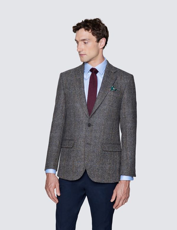 Men's Grey Herringbone Plaid Tweed Blazer | Hawes & Curtis Men's Grey Herringbone Plaid Tweed Blazer | Hawes & Curtis