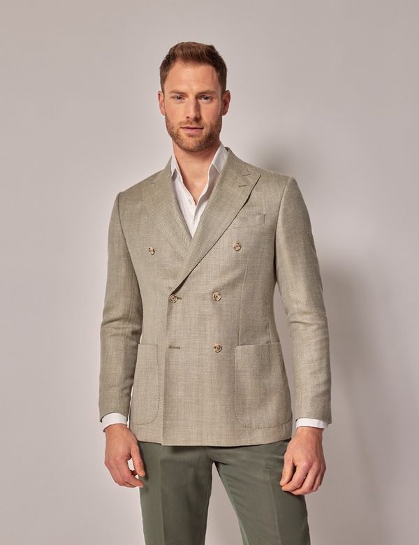 Men's Light Green Double Breasted Herringbone Wool Blend Blazer