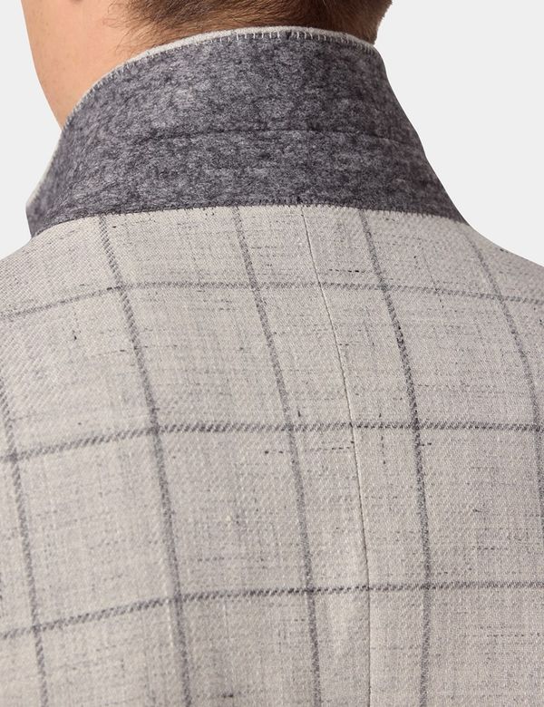 Men's Grey Windowpane Check Linen-Wool Blend Blazer - 1913