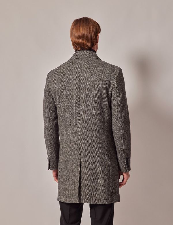 Men's Grey Wool Rich Double Breasted Herringbone Coat