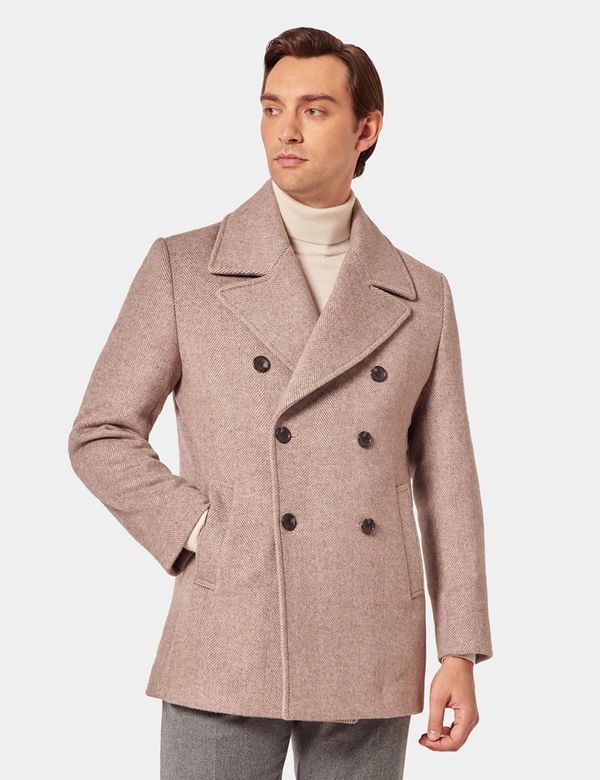 Men's Taupe Herringbone Wool Blend Peacoat | Hawes and Curtis