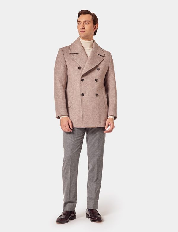 Men's Taupe Herringbone Wool Blend Peacoat | Hawes and Curtis