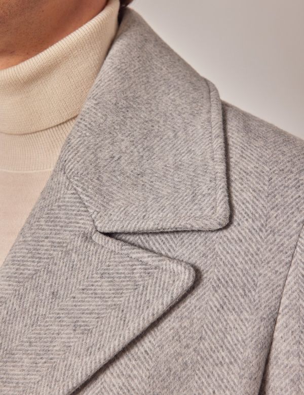 Men's Grey Herringbone Wool Peacoat | Hawes and Curtis