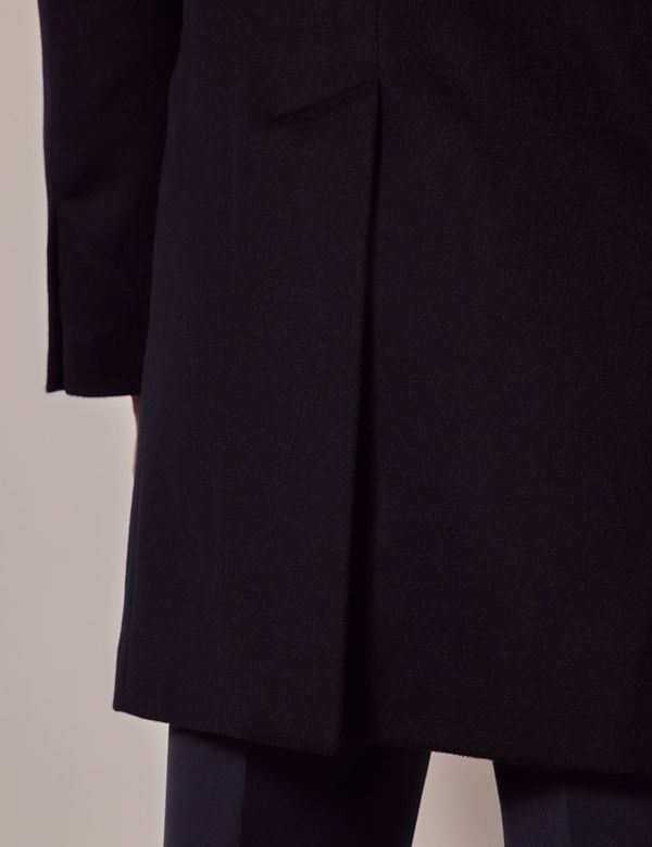 Mens Navy Wool Overcoat with Royal Blue Faux Fur Shawl Collar Cashmere Carcoat