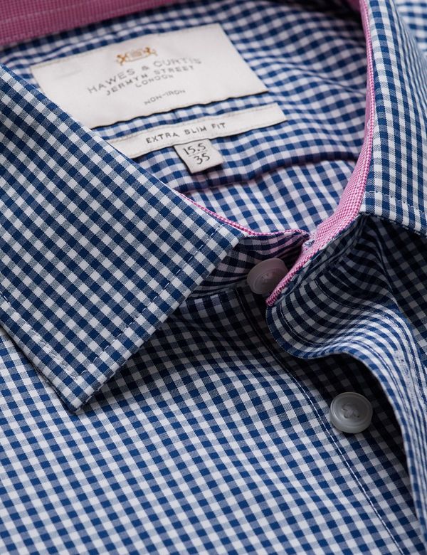 Extra Slim Fit Navy & White Gingham Check Non-Iron Shirt - Contrast Detail