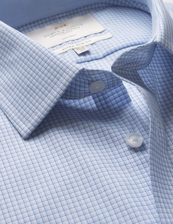 Extra Slim Fit Blue & Navy Check Non-Iron Shirt - Contrast Detail