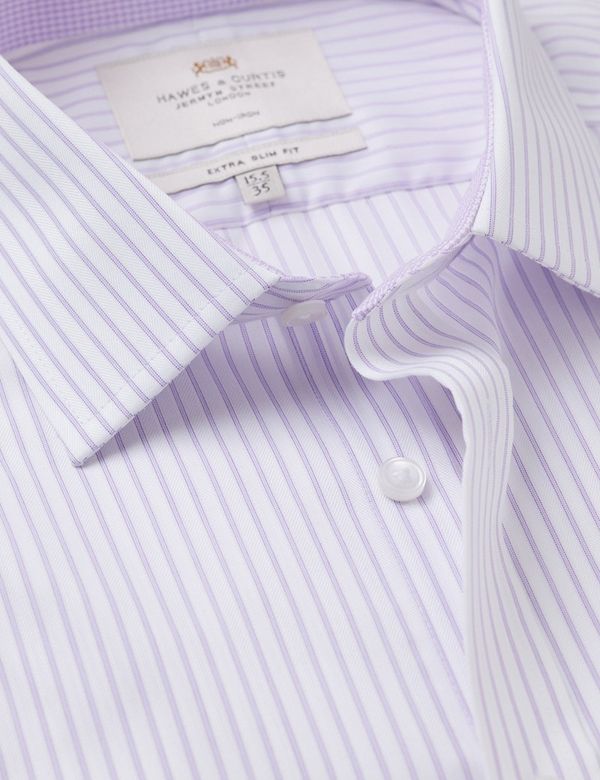 Men's Non-Iron Lilac & White Stripe Extra Slim Fit Shirt - Contrast Detail  | Hawes & Curtis
