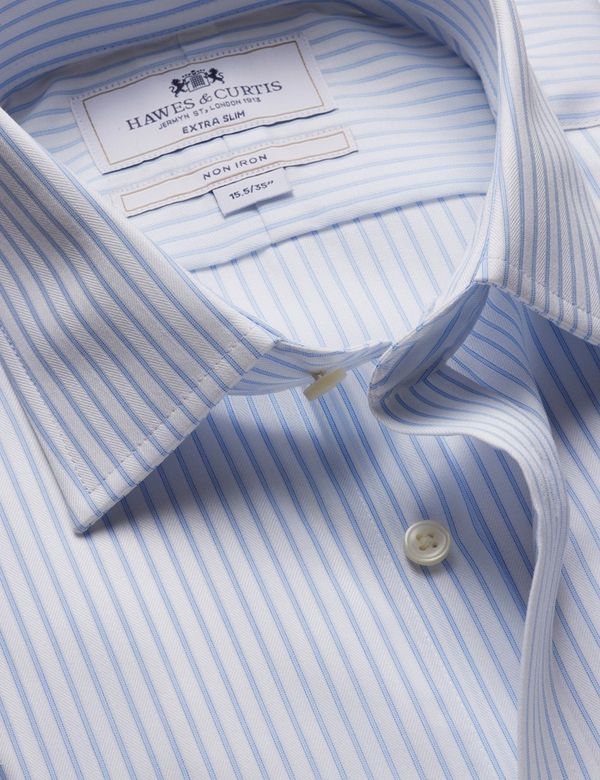 Extra Slim Fit Blue & White Herringbone Stripe Non-Iron Shirt
