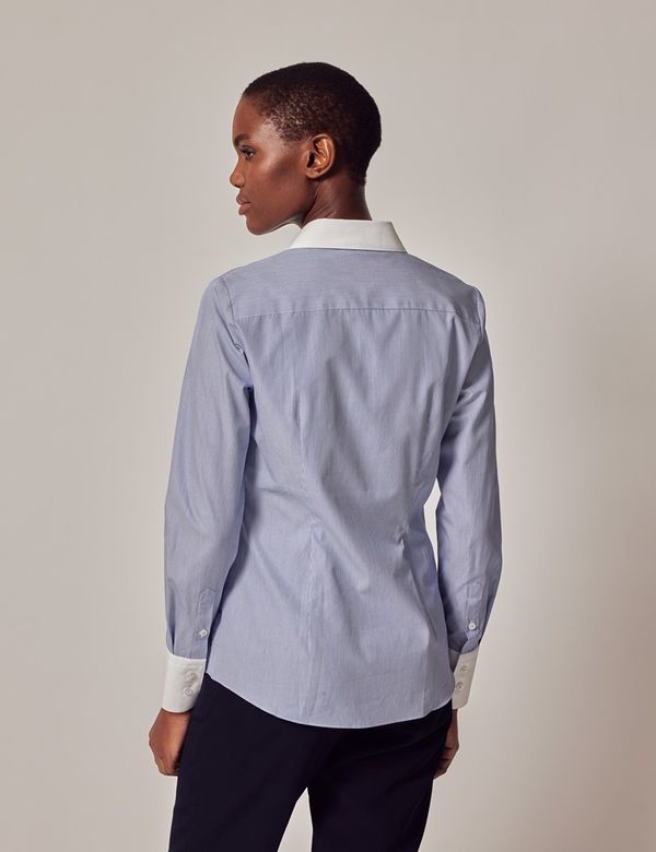 Women's Blue & White Fine Stripe Fitted Shirt With White Collar and Cuffs Women's Blue & White Fine Stripe Fitted Shirt With White Collar and Cuffs